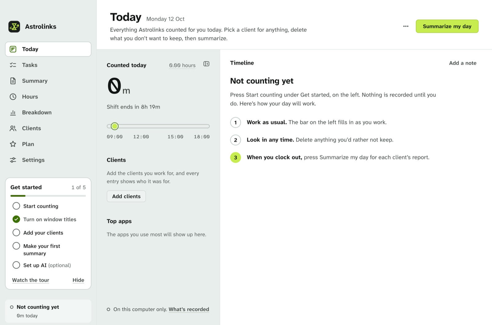 A first run: the Get started card in the sidebar with five steps, one done, and Today saying Not counting yet