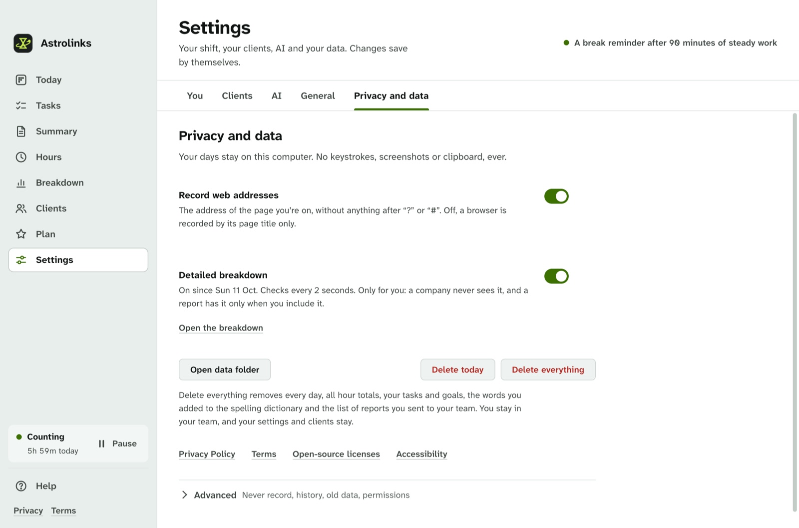 Astrolinks Settings, Privacy and data, with the Record web addresses switch and Delete today and Delete everything
