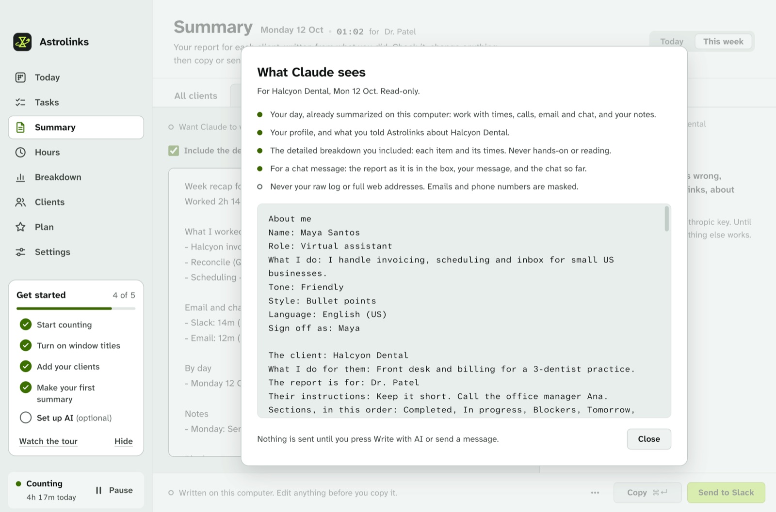 What Claude sees: the exact, masked text that would go to AI for one client, shown before anything is sent
