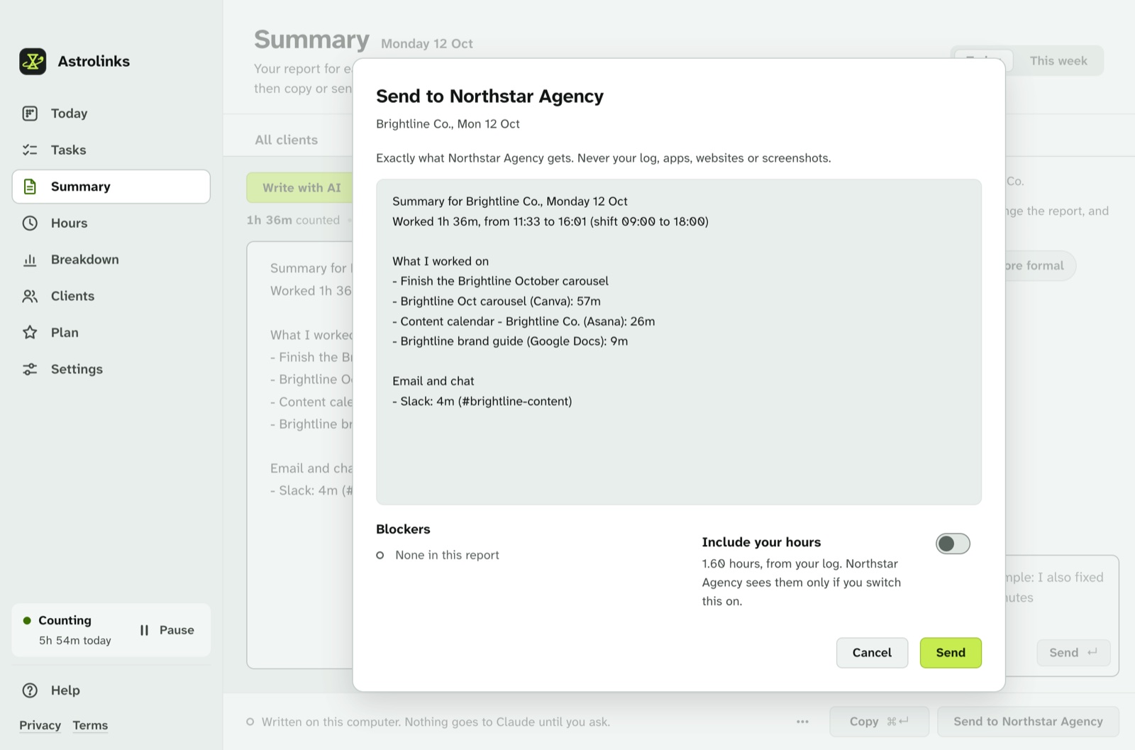 Astrolinks Send to your team, with a report ready to go to the company Team inbox