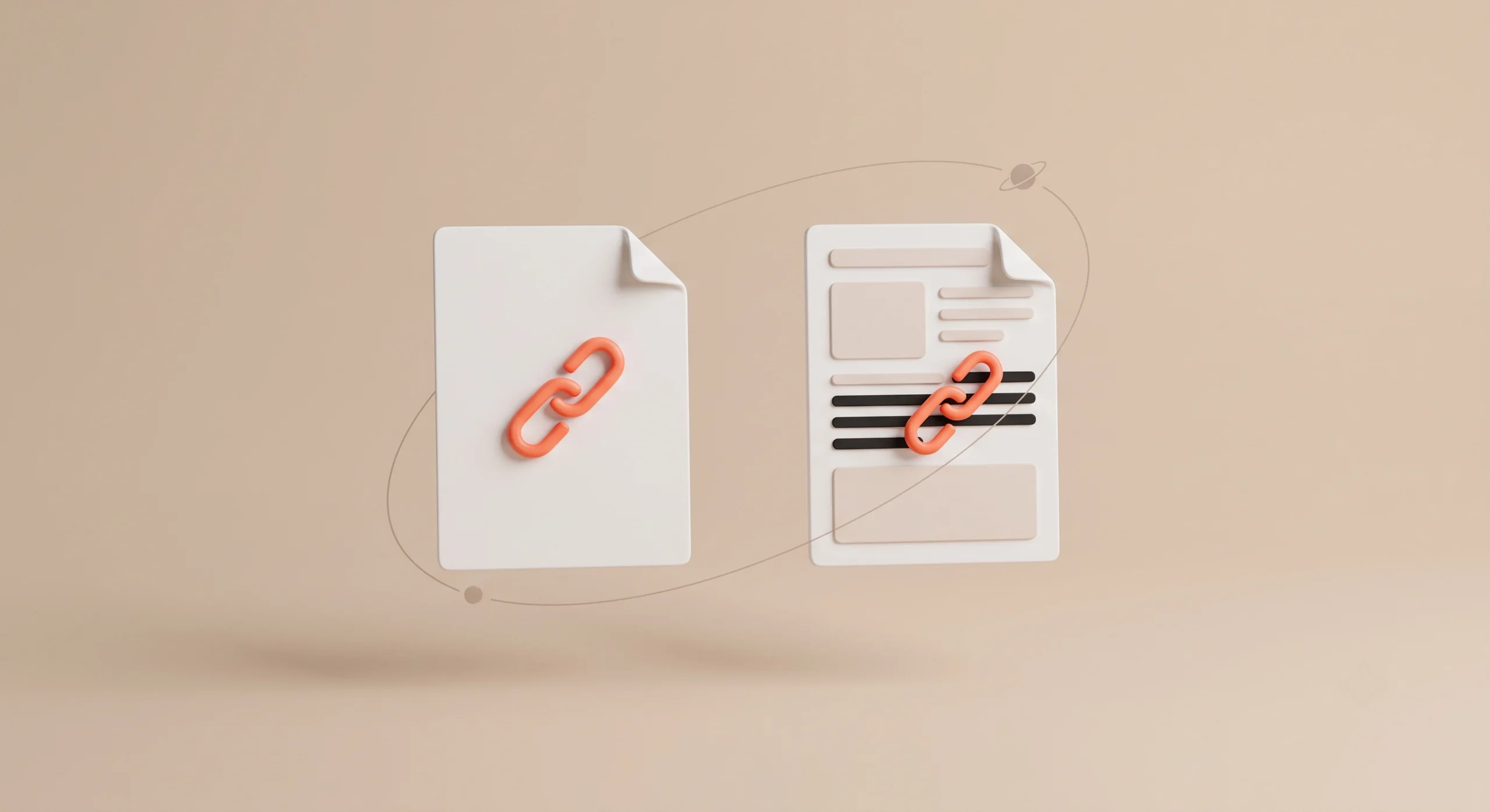 Two document icons with coral link symbols, one blank and one with existing content, illustrating guest posts versus niche edits