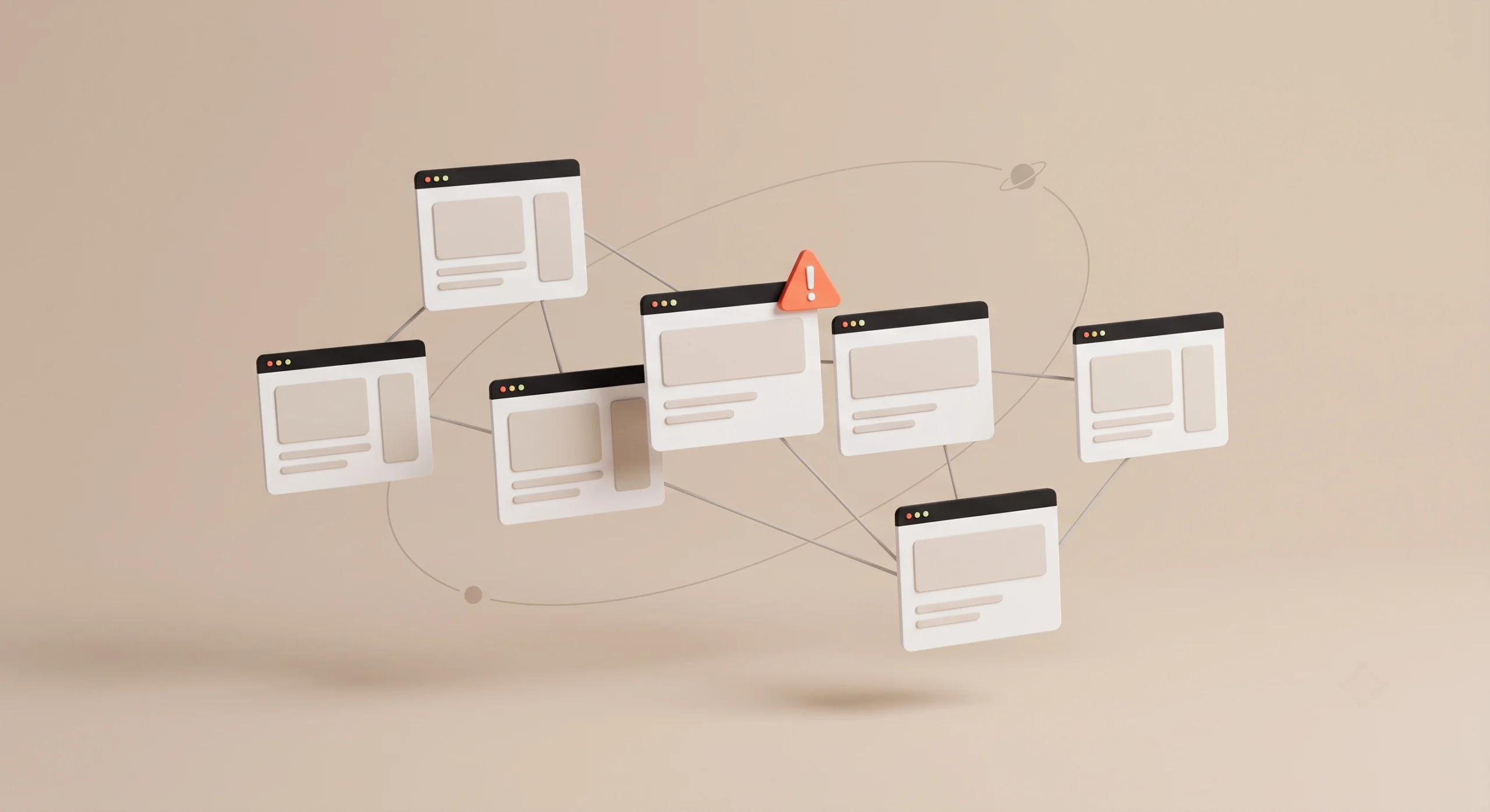 Network of near-identical website windows with one flagged by an orange warning icon, illustrating a private blog network or PBN