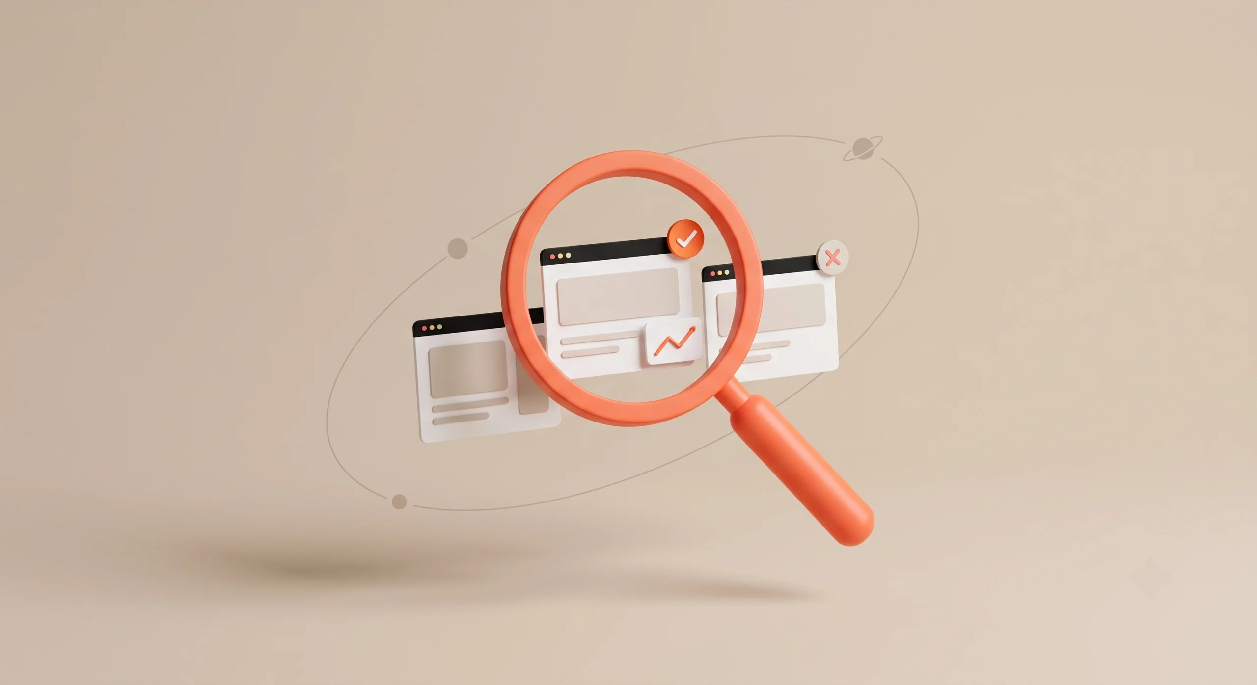 Coral magnifying glass reviewing three website cards, one marked approved and one rejected, illustrating how to vet a guest post site