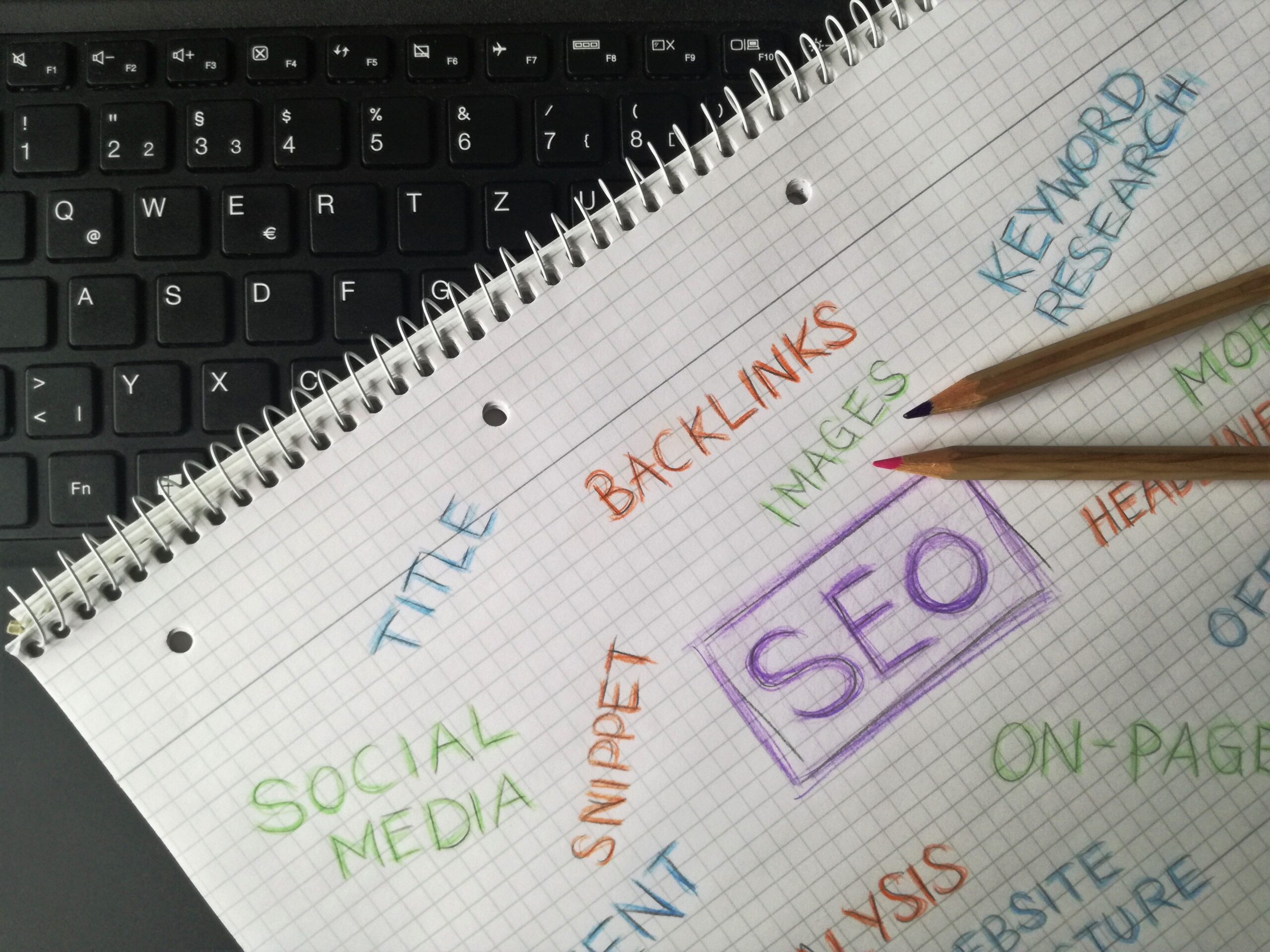 Handwritten SEO notes on graph paper including backlinks, keyword research, and on-page, next to a laptop keyboard and pencils